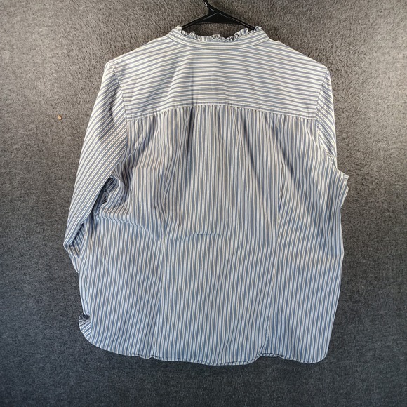 GH Bass Blouse Women Frilled V Neck Button Down Mid Sleeve Striped Blue/White - Picture 4 of 7